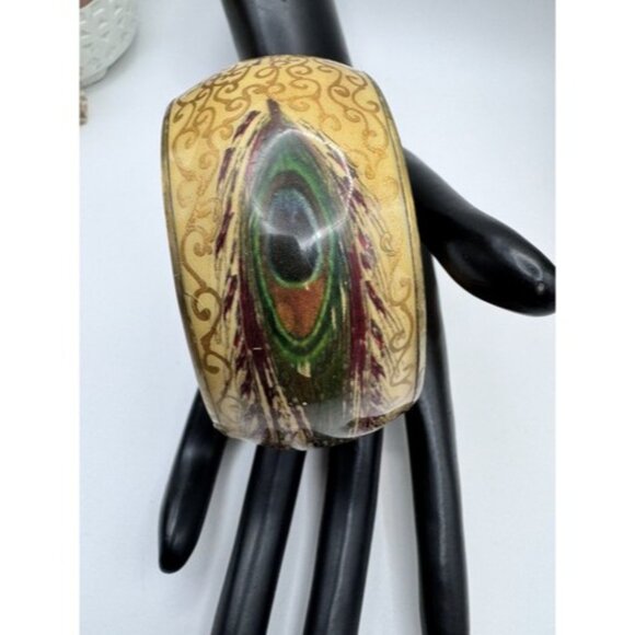 8” Hand Painted Silver on Ivory Brass Chunky Bangle Bracelet Peacock Feather - Picture 11 of 12